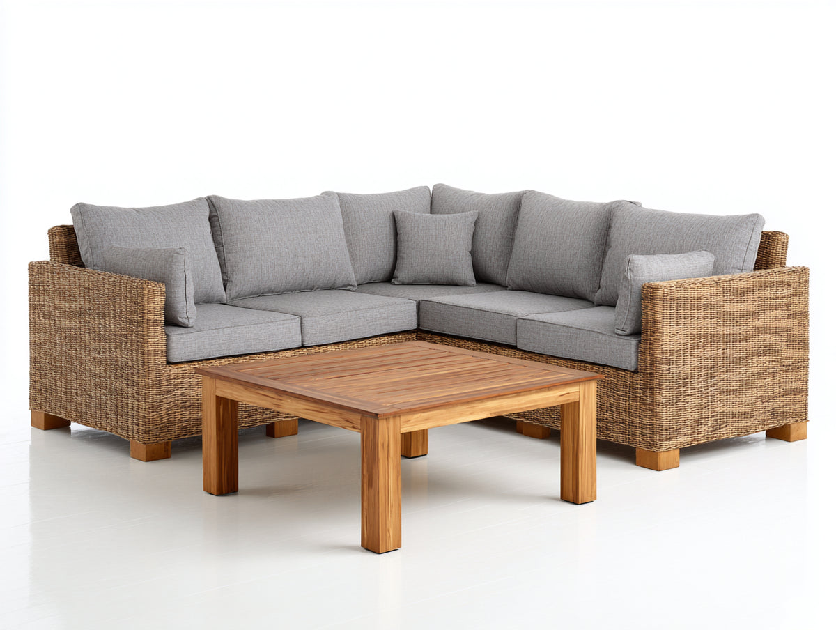Gartensofa Polyrattan 260x260x75 cm - Hellgrau-Naturholz - modernes Design für den Garten