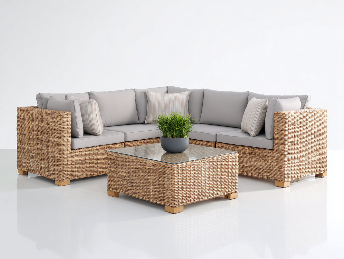 Gartensofa Polyrattan 300x300x75 cm - Hellgrau-Naturholz - modernes Design für den Garten