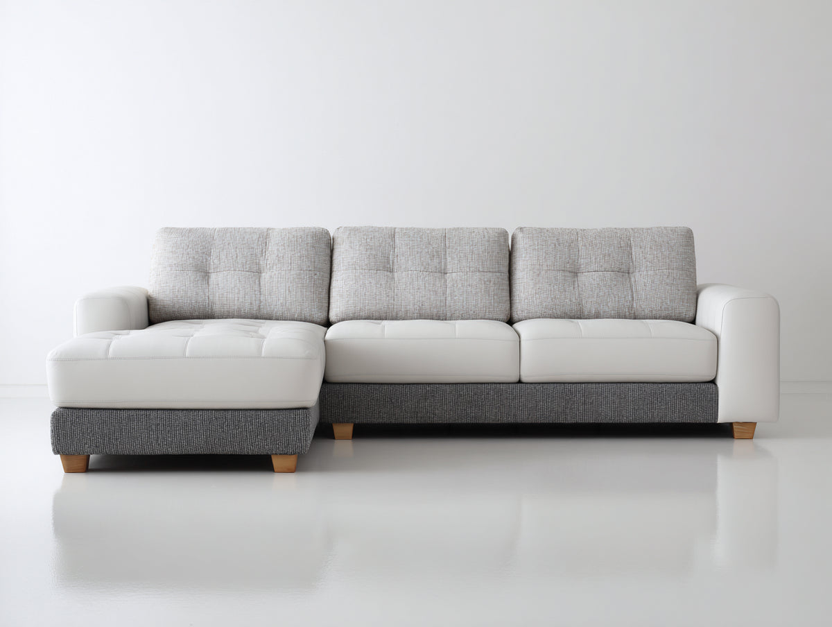 Ecksofa aus Webstoff und Kunstleder 280 x 170 x 88 cm - Hellgrau-Weiß-Dunkelgrau - Moderne Polsterung mit breiter Liegefläche