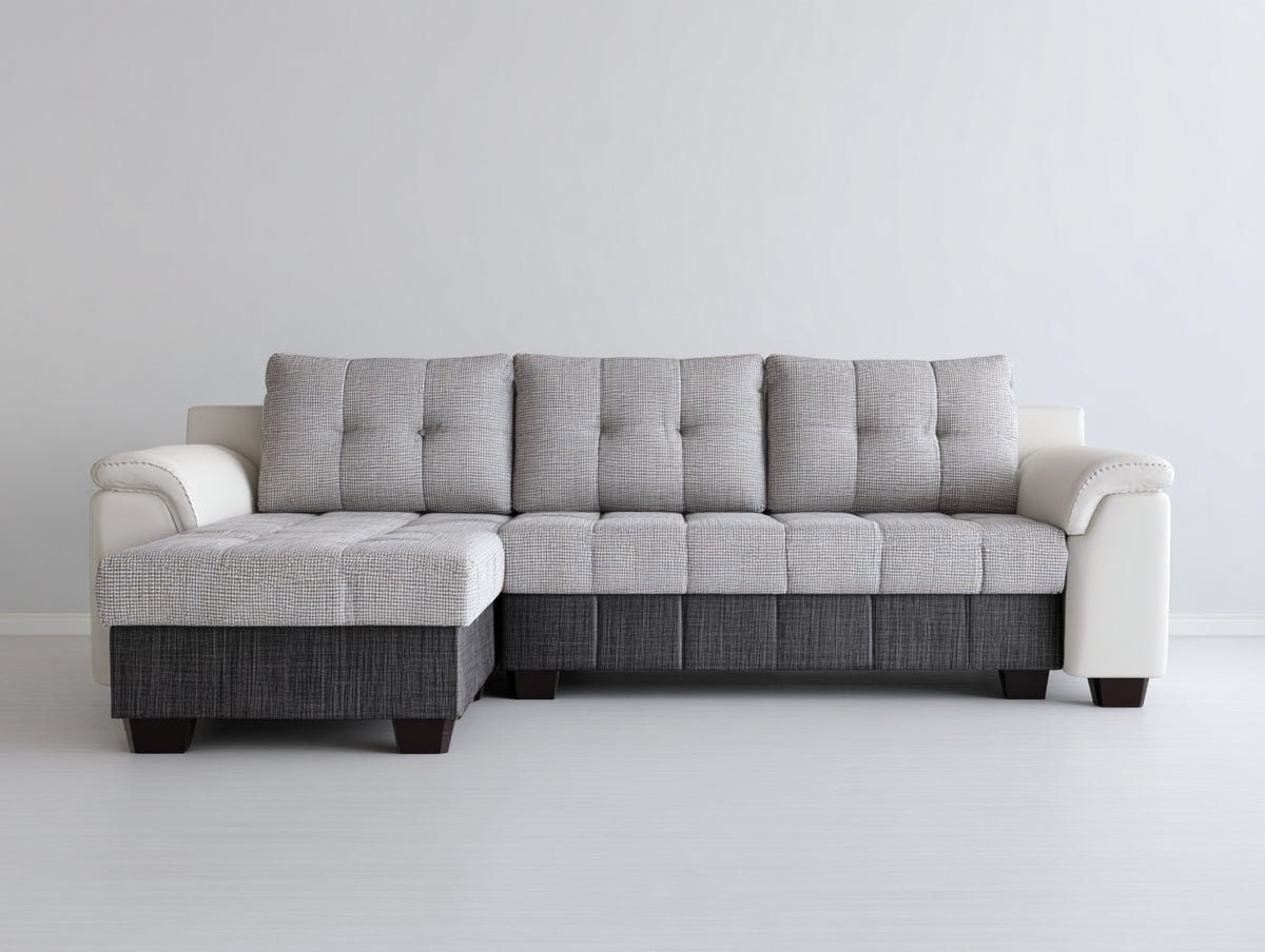 Ecksofa aus Webstoff und Kunstleder 275 x 165 x 90 cm - Hellgrau-Weiß-Dunkelgrau - Moderne Polsterung mit breiter Liegefläche